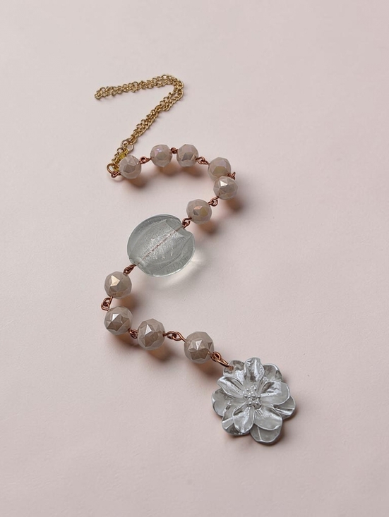 Handmade Accessories - White Flower Car Charm with Peach Beads – Handmade Elegant Rearview Mirror Acces